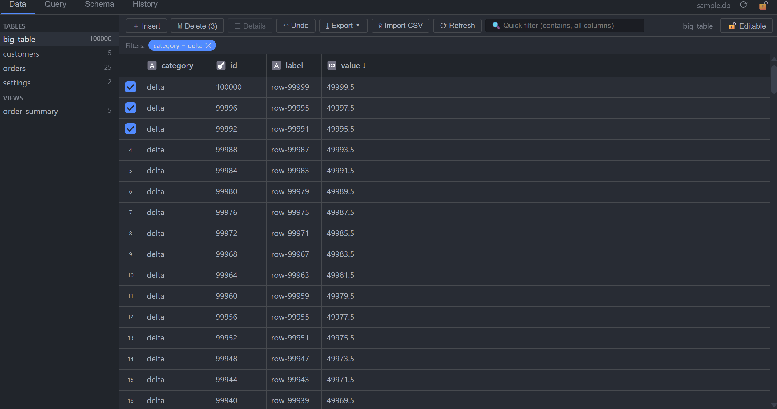 Per-column filters and bulk editing in the data grid