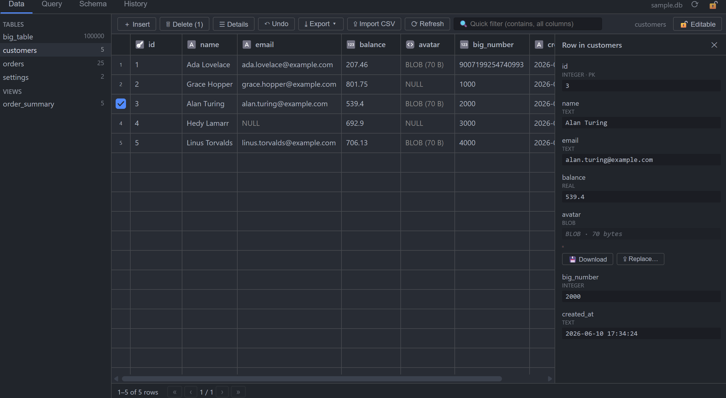 Row detail panel with JSON pretty-printing and BLOB preview